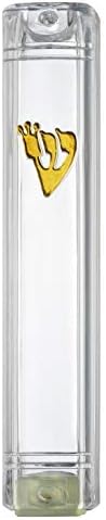 AS Mezuzah Clear Lucite Case with Gold Shin Design