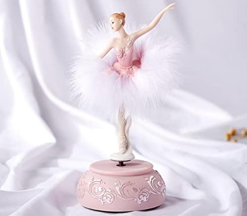 Pink Feather Skirt Ballerina Musical Figurine Plays Swan Lake Tune