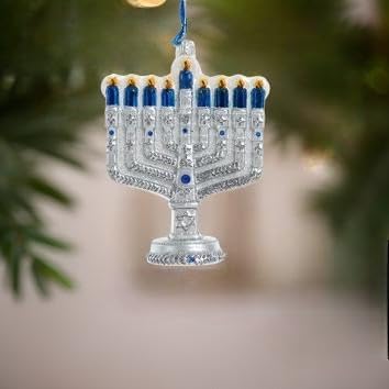 The Bridge Collection Hanukkah Menorah Ornament - 475 Inch Blue and Silver Glitter