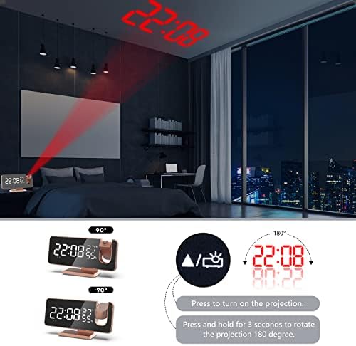 Hanaix 180 Degree Projection Alarm Clock with Mirror and USB Charging