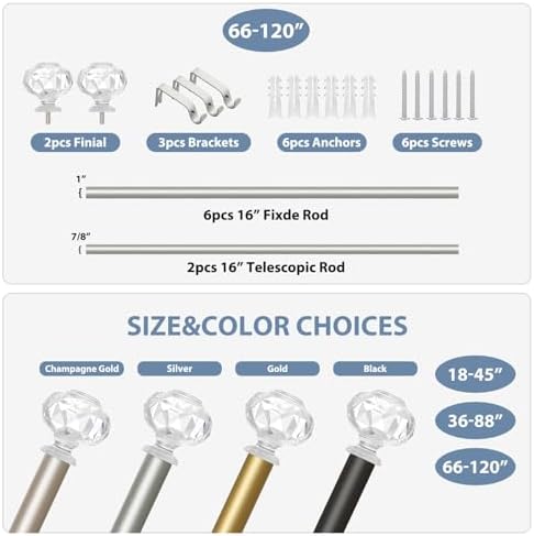 TVWOO Silver Crystal Curtain Rods 66-120 Inch Adjustable