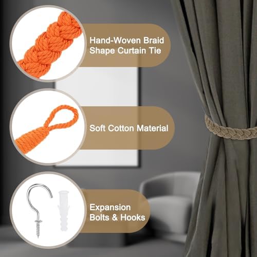 Uxcell 4Pcs Cotton Rope Curtain Tiebacks with Metal Hooks Orange
