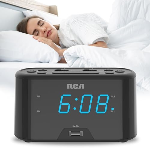 RCA RC571 Digital Alarm Clock Radio with USB Charging and FM Radio