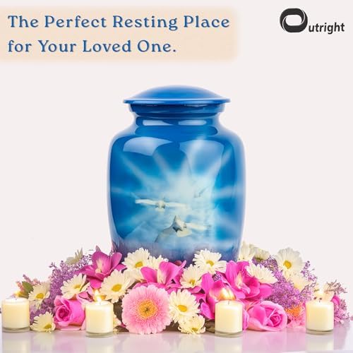 OUTRIGHT Printed Landscape Dove Cremation Urn for Human Ashes Blue