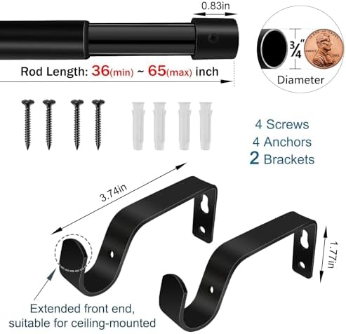 36-65 Inch Black Curtain Rod with Blue Horse Finials