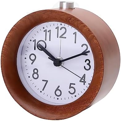 Lancoon Round Wooden Alarm Clock with Silent Quartz Movement and Soft Backlight