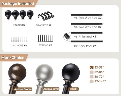KAMANINA 2 Pack Adjustable Curtain Rods Black