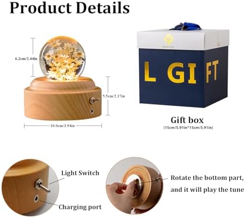 1 Piece 6cm Yellow Glass Little Daisy Ball Night Light Music Box