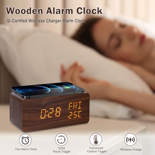 Digital Wooden Alarm Clock with 10W Wireless Charging and Three Levels Brightness