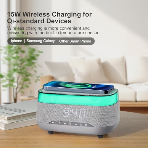 Smart Alarm Clock with 15W Wireless Charger and Bluetooth Speaker