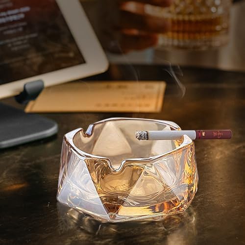 Crystal Amber Glass Ashtray with Hexagonal Shape