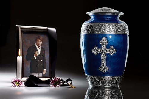 Handcrafted Cross Cremation Urn for Adult Ashes Navy Blue Large