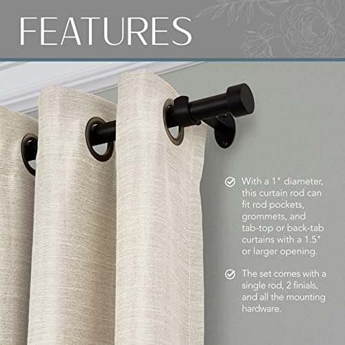 Elrene Serena Single Curtain Rod with Cap Finials and Adjustable Length - Antique Black