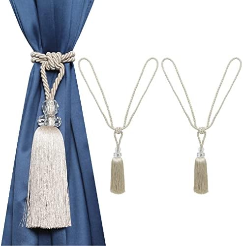 2 Pack Curtain Tiebacks with Crystal Tassels - Beige