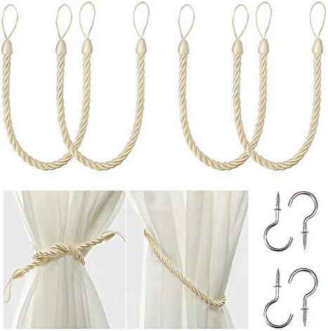 BEL AVENIR Curtain Rope Tiebacks 4 Metal Hooks 4 Pack
