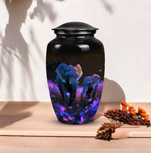 Elephant in Flower Field Cremation Urn - 10 Inch Adult Ashes Container