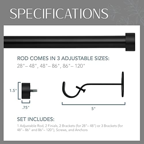 Elrene Serena Single Curtain Rod with Cap Finials and Adjustable Length - Antique Black