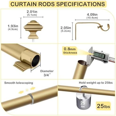 JRZOO Gold Curtain Rods 18-45 with Square Finials