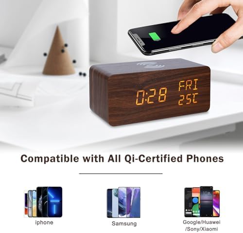 Digital Wooden Alarm Clock with 10W Wireless Charging and Three Levels Brightness