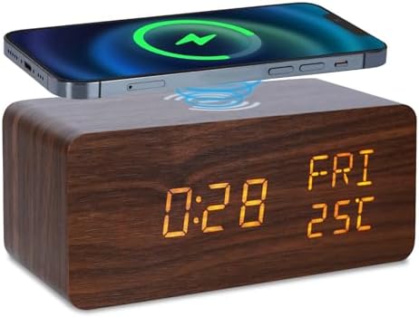 Digital Wooden Alarm Clock with 10W Wireless Charging and Three Levels Brightness