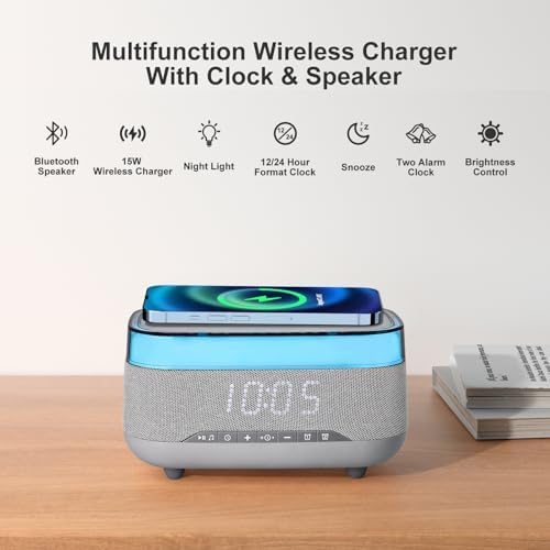 Smart Alarm Clock with 15W Wireless Charger and Bluetooth Speaker