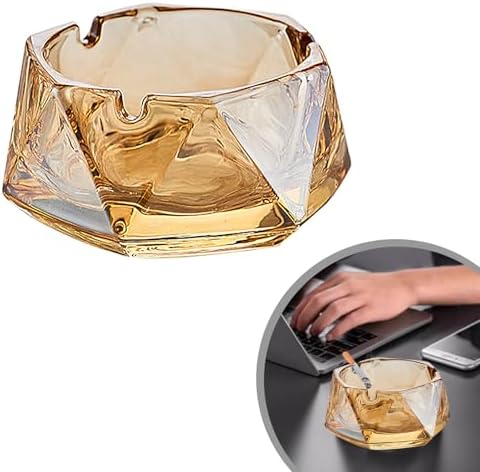 Crystal Amber Glass Ashtray with Hexagonal Shape