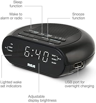 RCA RCS27 Digital Radio Alarm Clock with Soothing Sounds and USB Charging