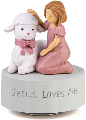 Jesus Loves Me Music Box Christian Girl with Lamb Figurine
