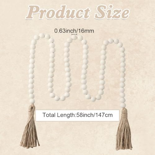 58 Inch Wooden Bead Garland with Tassel Boho Farmhouse Decor