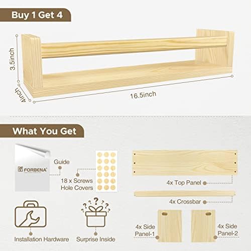 Forbena Natural Wood Floating Bookshelf 4 Pack