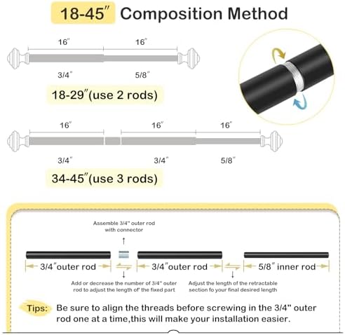 JRZOO Black Curtain Rods 18-45 34 Inch Diameter