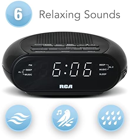 RCA RCS27 Digital Radio Alarm Clock with Soothing Sounds and USB Charging