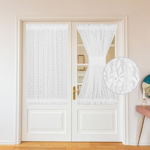 White Lace French Door Curtains with Tieback 2 Panels 25x40 Inch