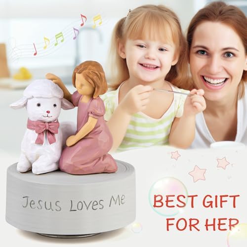 Jesus Loves Me Music Box Christian Girl with Lamb Figurine