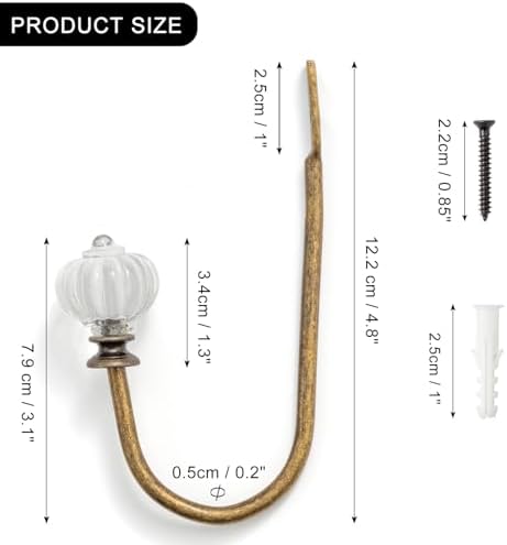 Crystal Curtain Holdbacks - 2 Pack Antique Brass Metal Hooks