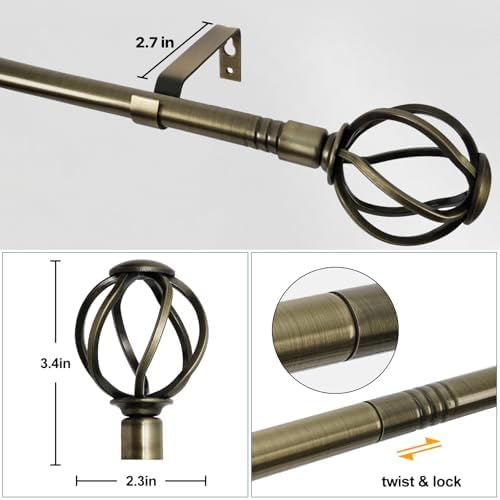 Antique Brass Curtain Rod 48-88 Inch Set with Twisted Finials