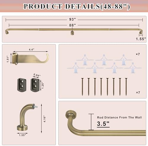 Antique Bronze Curtain Rods 48-88 Inches No Screw Adjustable