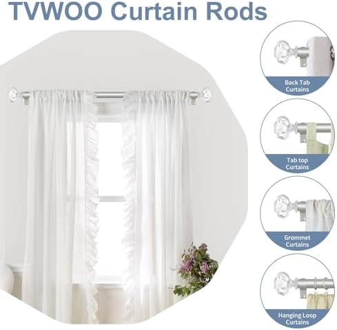 TVWOO Silver Crystal Curtain Rods 66-120 Inch Adjustable