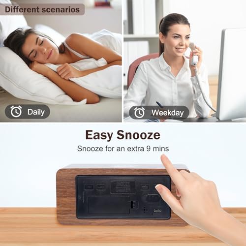 Digital Wooden Alarm Clock with 10W Wireless Charging and Three Levels Brightness