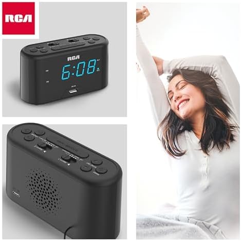 RCA RC571 Digital Alarm Clock Radio with USB Charging and FM Radio