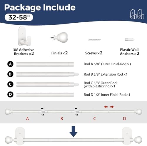 USFOOK Adjustable No Drill Curtain Rods 32-58 Inches