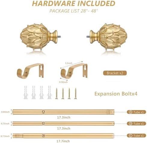 Adjustable Curtain Rods for Windows 28-48 Inches Gold Finials