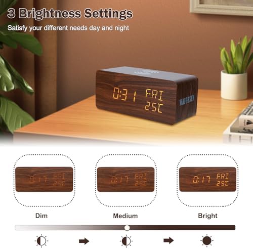Digital Wooden Alarm Clock with 10W Wireless Charging and Three Levels Brightness
