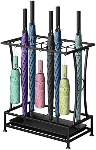 Metal Umbrella Holder Stand with Drip Tray and 8 Hooks Black