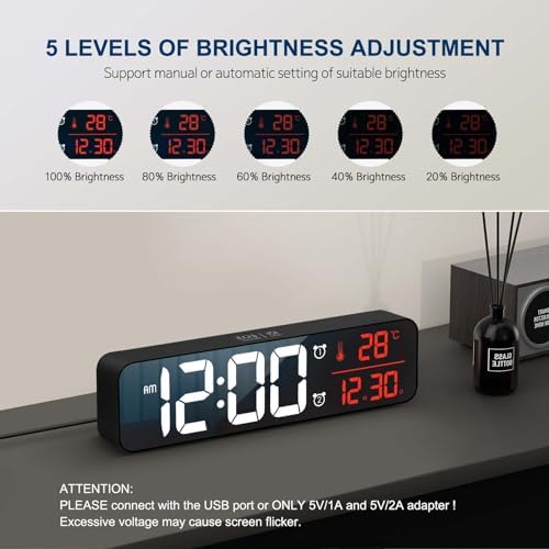 Large Digital Wall Clock with Alarm and Temperature Display