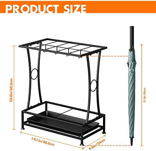 Metal Umbrella Holder Stand with Drip Tray and 8 Hooks Black