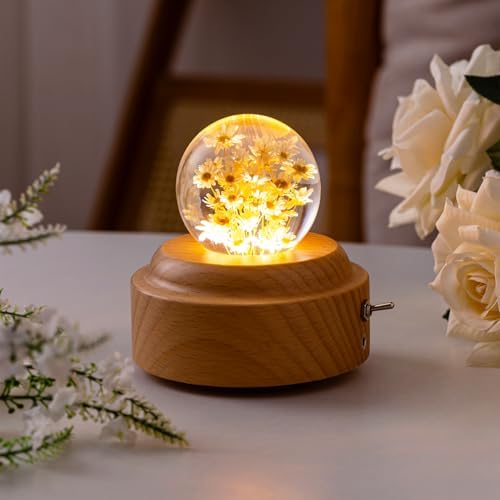 1 Piece 6cm Yellow Glass Little Daisy Ball Night Light Music Box
