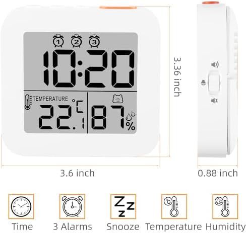Digital Alarm Clock with 3 Bells and Temperature Display White