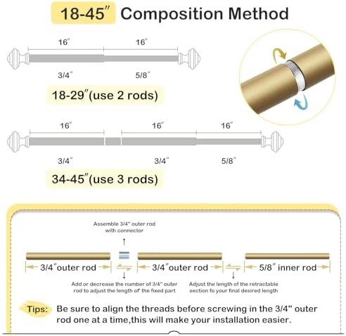 JRZOO Gold Curtain Rods 18-45 with Square Finials