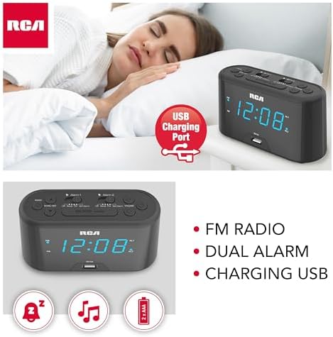 RCA RC571 Digital Alarm Clock Radio with USB Charging and FM Radio